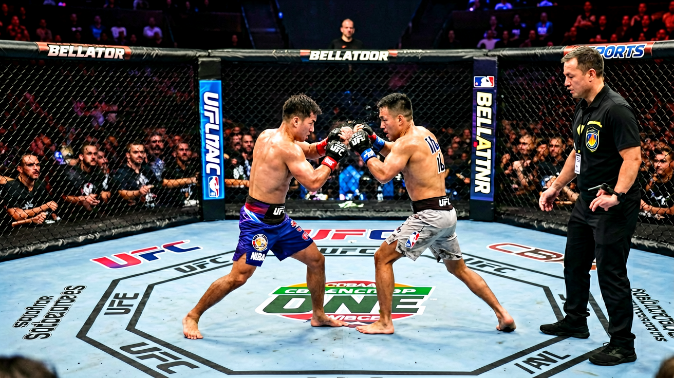 综合格斗赛事现场：八角笼内两名选手正在进行激烈对抗，裁判近距离观察